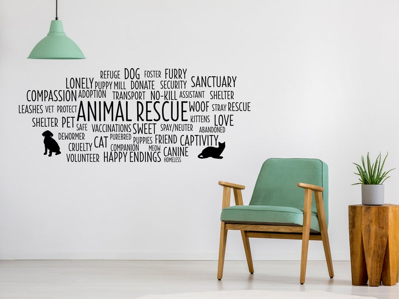 Peut inclure: Un nuage de mots noir et blanc avec les mots "Animal Rescue" au centre. Les mots sont dispos&eacute;s en cercle autour des mots du centre. Les mots sont tous li&eacute;s au sauvetage des animaux, tels que "refuge", "adoption", "amour", "compassion" et "b&eacute;n&eacute;vole".