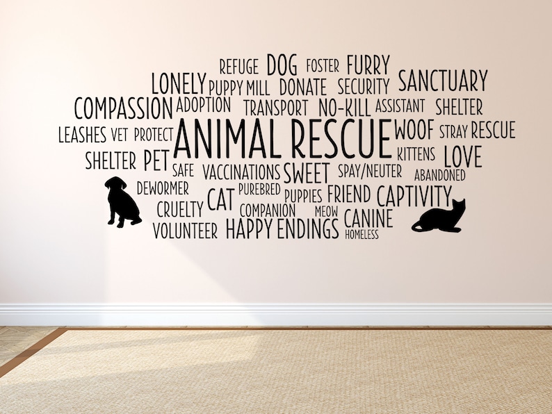 Peut inclure: Un nuage de mots noir et blanc avec les mots "Animal Rescue" au centre. Les mots sont dispos&eacute;s en cercle autour des mots du centre. Les mots incluent "chien", "chat", "refuge", "amour", "sauvetage", "compassion", "b&eacute;n&eacute;vole", "heureux d&eacute;nouement", "errant", "ami", "sans-abri", "abandonn&eacute;", "s&ucirc;r", "doux", "pur-sang", "chiots", "chatons", "canin", "aboiement", "transport", "sans-tuer", "donner", "s&eacute;curit&eacute;", "sanctuaire", "laisses", "v&eacute;t&eacute;rinaire", "prot&eacute;ger", "vaccinations", "vermifuge", "cruaut&eacute;", "compagnon", "miaou", "foyer", "poilu", "seul", "&eacute;levage de chiots", "st&eacute;rilisation/castration", "captivit&eacute;".