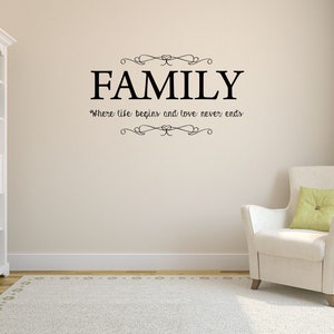 Family Where Life Begins Wall Decal - The Family Vinyl Wall Decal -  Family Room Wall Lettering Quote - Removeable Inspirational Family Sign
