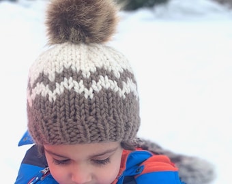Toddler | MADE TO ORDER | Bulky Knit Fair Isle Hat with Pompom  | Bulky Knit Hat | Knit Hat with Faux Fur Pompom
