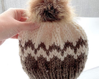 3 Month | MADE TO ORDER | Bulky Knit Fair Isle Hat with Pompom  | Bulky Knit Hat | Knit Hat with Faux Fur Pompom