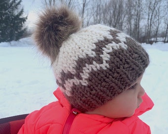 6-12 Month | MADE TO ORDER | Bulky Knit Fair Isle Hat with Pompom  | Bulky Knit Hat | Knit Hat with Faux Fur Pompom