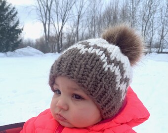 READY TO SHIP | Bulky Knit Fair Isle Hat with Pompom | 6 - 12 Months | Bulky Knit Hat | Knit Hat with Faux Fur Pompom