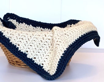 White Crochet Baby Blanket with Blue Border