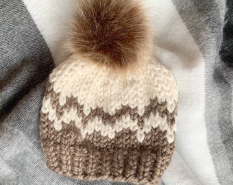 Child | MADE TO ORDER | Bulky Knit Fair Isle Hat with Pompom  | Bulky Knit Hat | Knit Hat with Faux Fur Pompom