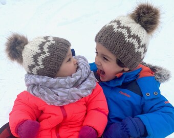 Sibling Set | MADE TO ORDER | Bulky Knit Fair Isle Hat with Pompom | Bulky Knit Hats | Knit Hat with Faux Fur Pompom
