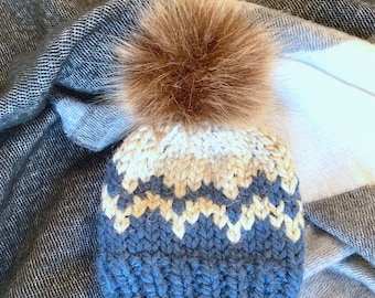 KNITTING PATTERN | Double Chevron Bulky Hat with Pompom  | Bulky Knit Hat | Knit Hat with Faux Fur Pompom | PDF Pattern