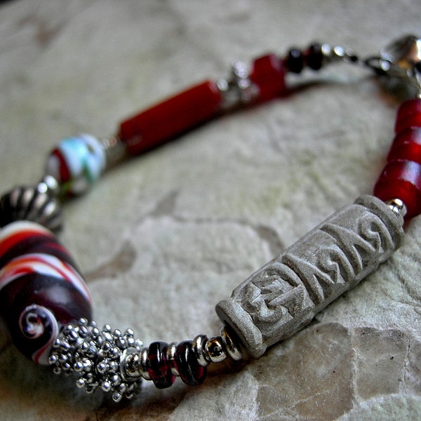 Earthy Red Bracelet, Asymmetrical Treasure Style, Elksong Jewelry, Handmade Lampwork Glass, Crimson & Silver, Red Gemstone, Unisex Bracelet