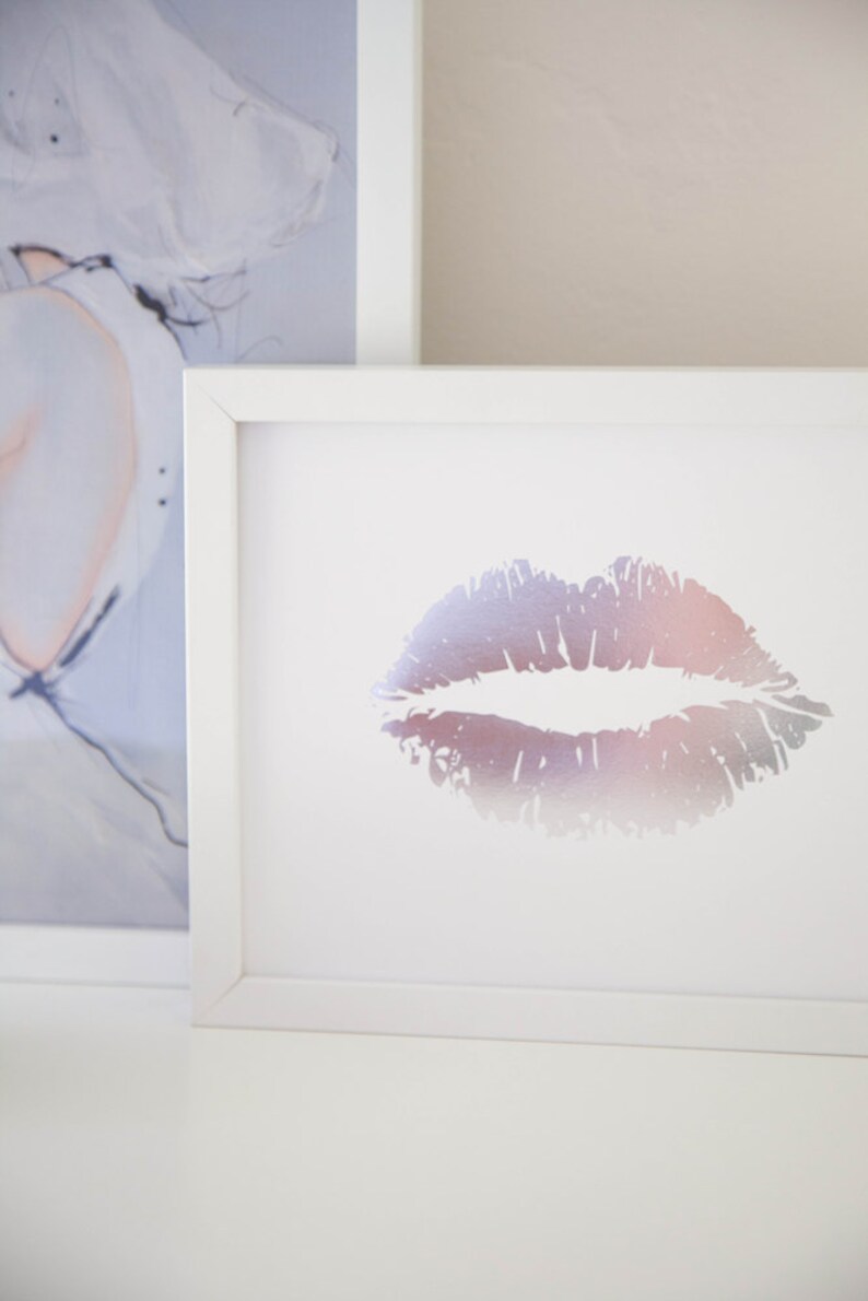 Lippy Lippy Silver Foil Lip Print 8x10, Home Decor, Gallery Wall, Wall Art, Valentines Day, Letterpress image 2