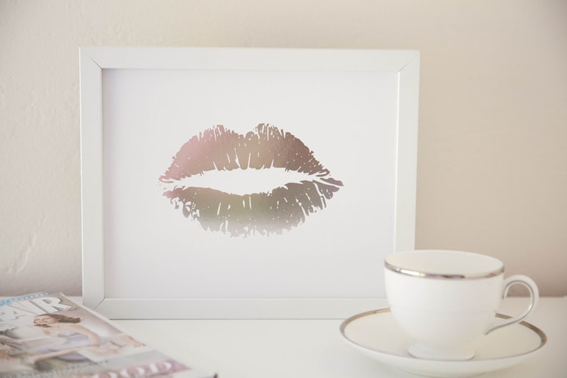 Lippy Lippy Silver Foil Lip Print 8x10, Home Decor, Gallery Wall, Wall Art, Valentines Day, Letterpress image 3