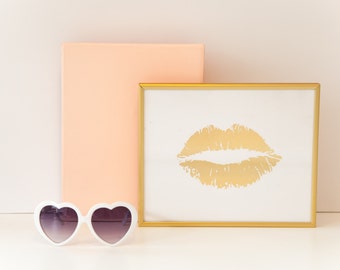 Lippy Lippy Gold Foil Lip Print 8x10, Home Decor, Letterpress, Wall Art, Valentines Day, Gallery Wall