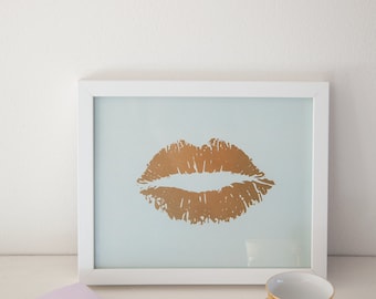 Lippy Lippy Gold Foil y Menta Lip Print 8x10, Home Decor, Artwork, Wall Art, Valentines Day, Gallery Wall, Letterpress