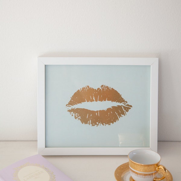 Lippy Lippy Gold Foil and Mint Lip Print 8x10, Home Decor, Artwork, Wall Art, Valentines Day, Gallery Wall, Letterpress