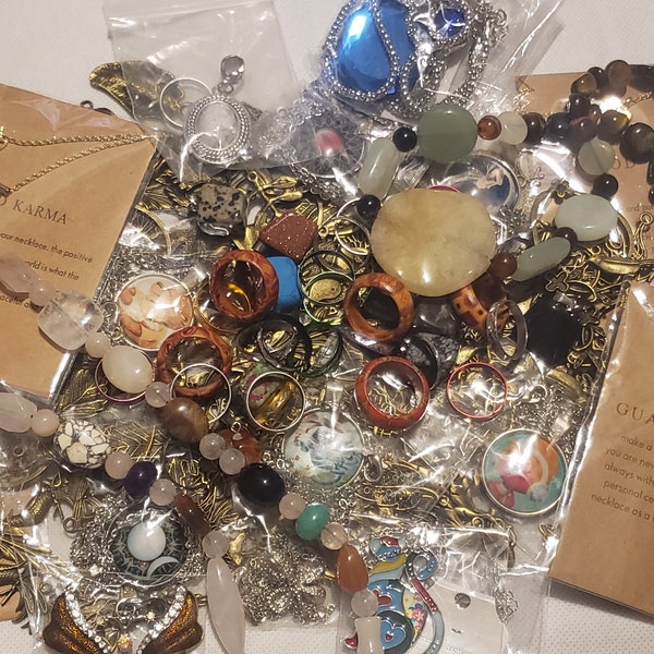 Jewelry Grab Bag, Gift Bag, Party Bag with Necklaces, Rings, Disney Pins, Stones, Bracelets, Pendants, Beaded Jewelry, and more.