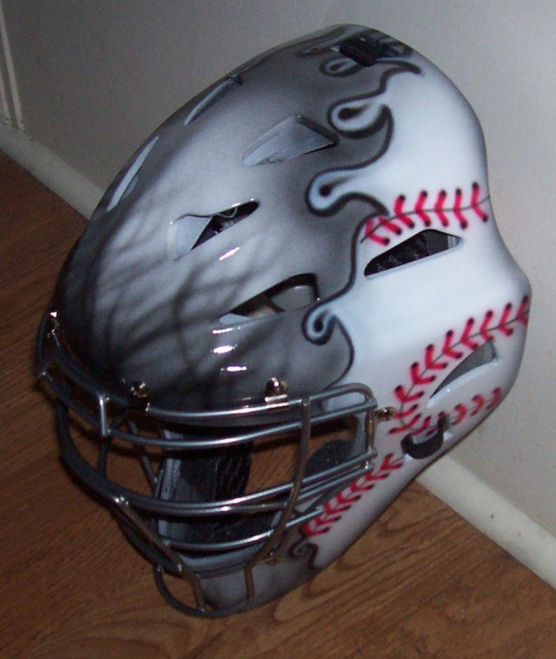Airbrush Gray Flaming Baseball Catchers Helmet Rawlings adult Etsy