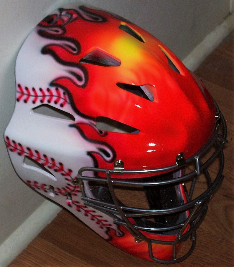 FLAMING BASEBALL Catchers Helmet Airbrush Rawlings Youth or Etsy