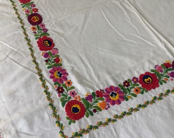 Kalocsa Hungarian Embroidered Floral Square Ecru Linen Tablecloth Vintage 37.5"
