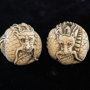 Lot Of 2 Antique Dragon Bead Bovine Bone Hand Carved 22mm