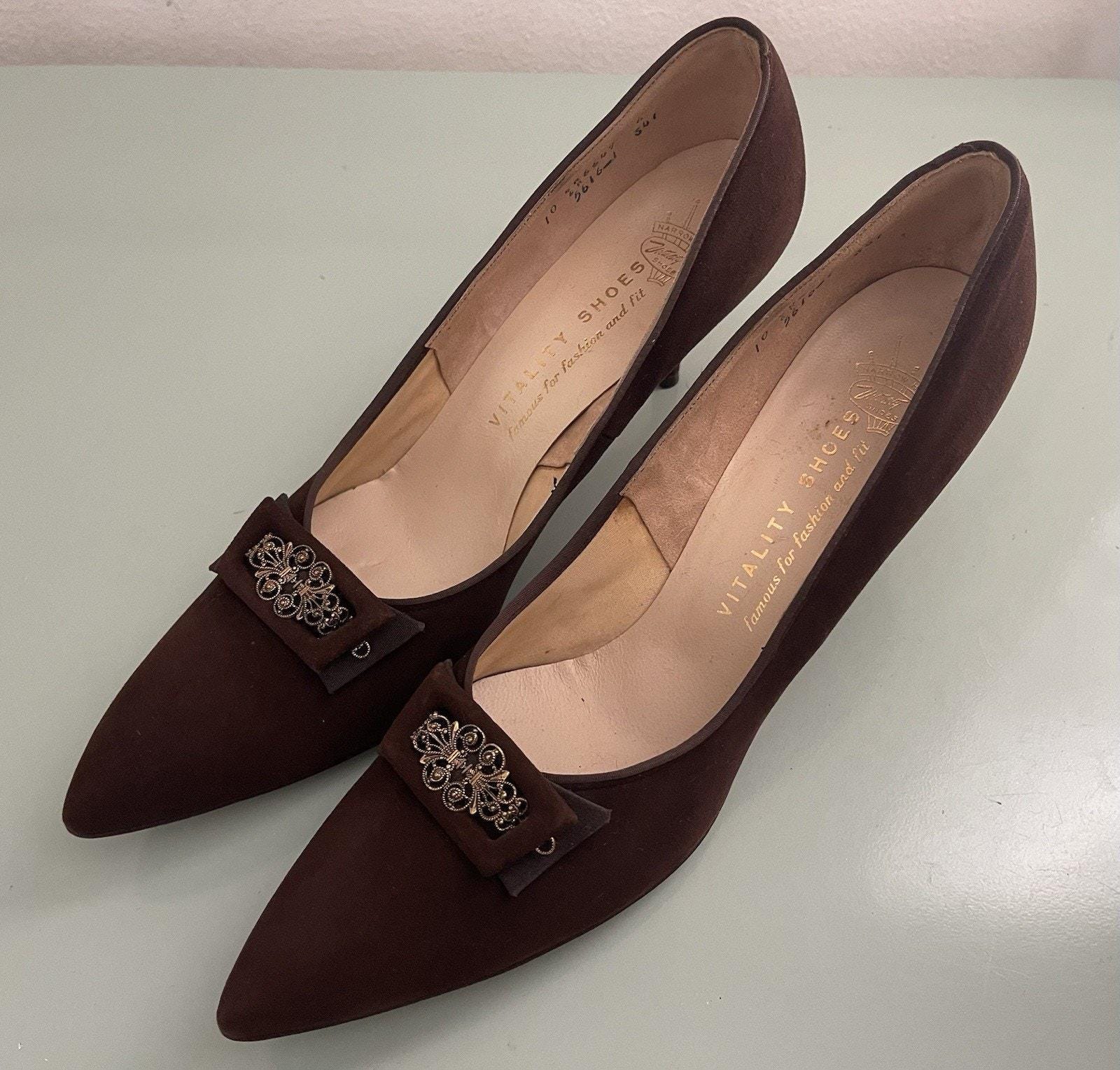 Vintage 1960s High Heels, Black Suede With Needlepoint