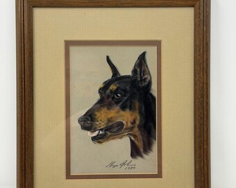 Vintage George Johns Original 1980 Signed Framed Pastel Portrait Doberman Pinscher Dog