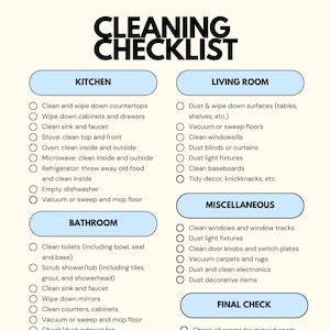 Può includere: Un elenco di controllo per la pulizia con un elenco di attività per la cucina, il bagno, il soggiorno, la camera da letto e le aree varie. L'elenco di controllo include attività come la pulizia dei piani di lavoro, l'aspirazione dei pavimenti, la spolveratura dei mobili e il cambio degli asciugamani. L'elenco di controllo include anche una sezione di controllo finale per assicurarsi che tutte le stanze siano state pulite e che tutti gli elettrodomestici siano al loro posto originale.