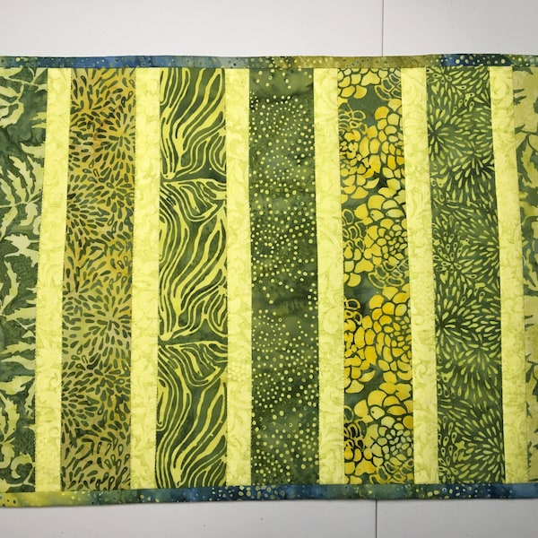 19” x 13” striped green and yellow batik table topper