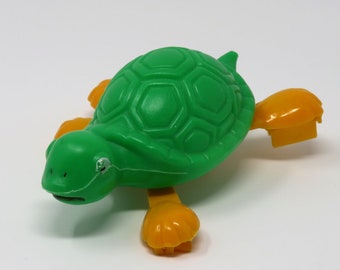 Vintage 1960s Mechanical Wind Up Metal and Plastic Swimming Turtle Bathtub Toy Collectible Fun Made in Japan