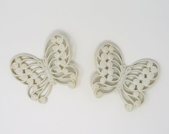 Vintage 1960s Burwood Products Company White Plastic Scroll Filigree Butterfly Pair Wall Hanging Decor Made in USA Item 214