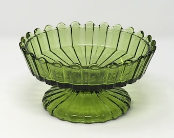 Vintage 1960s Fostoria HFM Henry Ford Museum Olive Avocado Green Glass Footed Compote Candy Dish Bowl Great Wedding Gift