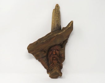 Vintage 1990s Wizard of the Wood - Spirit - Greenman - OOAK Hand Carved Wall Hanging - Den - Office - Mancave - Cabin - Rustic - Cool