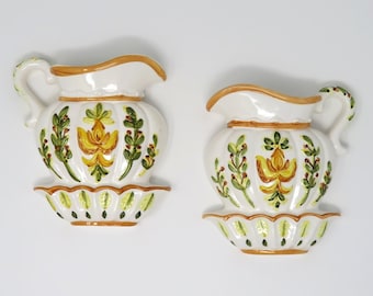 Vintage 1940s Lefton Porcelain China Bowl and Pitcher Wall Pocket Vase Pair with Yellow, Orange, and Green Motif 4368