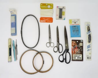 Vintage 1960s to 1980s Sewing Lot - Scissors, Hoops, Needles, Crochet, Snaps, and More
