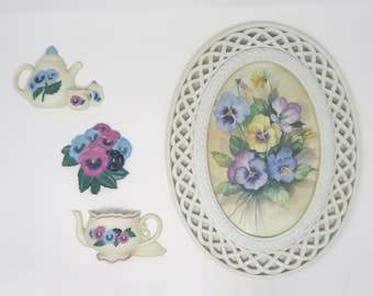 Vintage 1990s Homco Burwood Products Pansies Floral 3D Wall Decorations - Assorted - Signed and Dated - Made in USA - Totally You!!