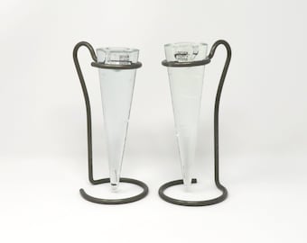 Vintage 1990s Minimalist Home Decor - Glass and Gray Pewter Metal Candle Holders by Design House Stockholm - Modern Candlesticks - Like New