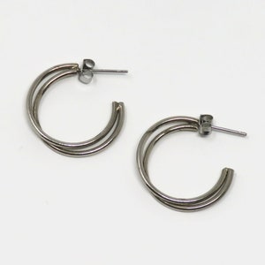 Vintage 1980s Polished Silver Tone Post Hoop Earrings Minimalist Jewelry image 1