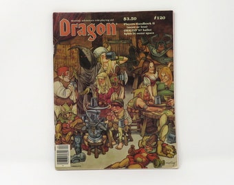 Può includere: La copertina della rivista Dragon numero 120, con un'illustrazione di un gruppo di personaggi fantasy riuniti attorno a un tavolo in una taverna. La copertina presenta il testo "Dragon" e "$3,50 #120".