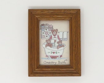 Vintage 1990s Adorable Bathroom Wall Art - Country Bath Teddy Bears - Cozy Fun Warm Home Decor - Oak Wood Frame
