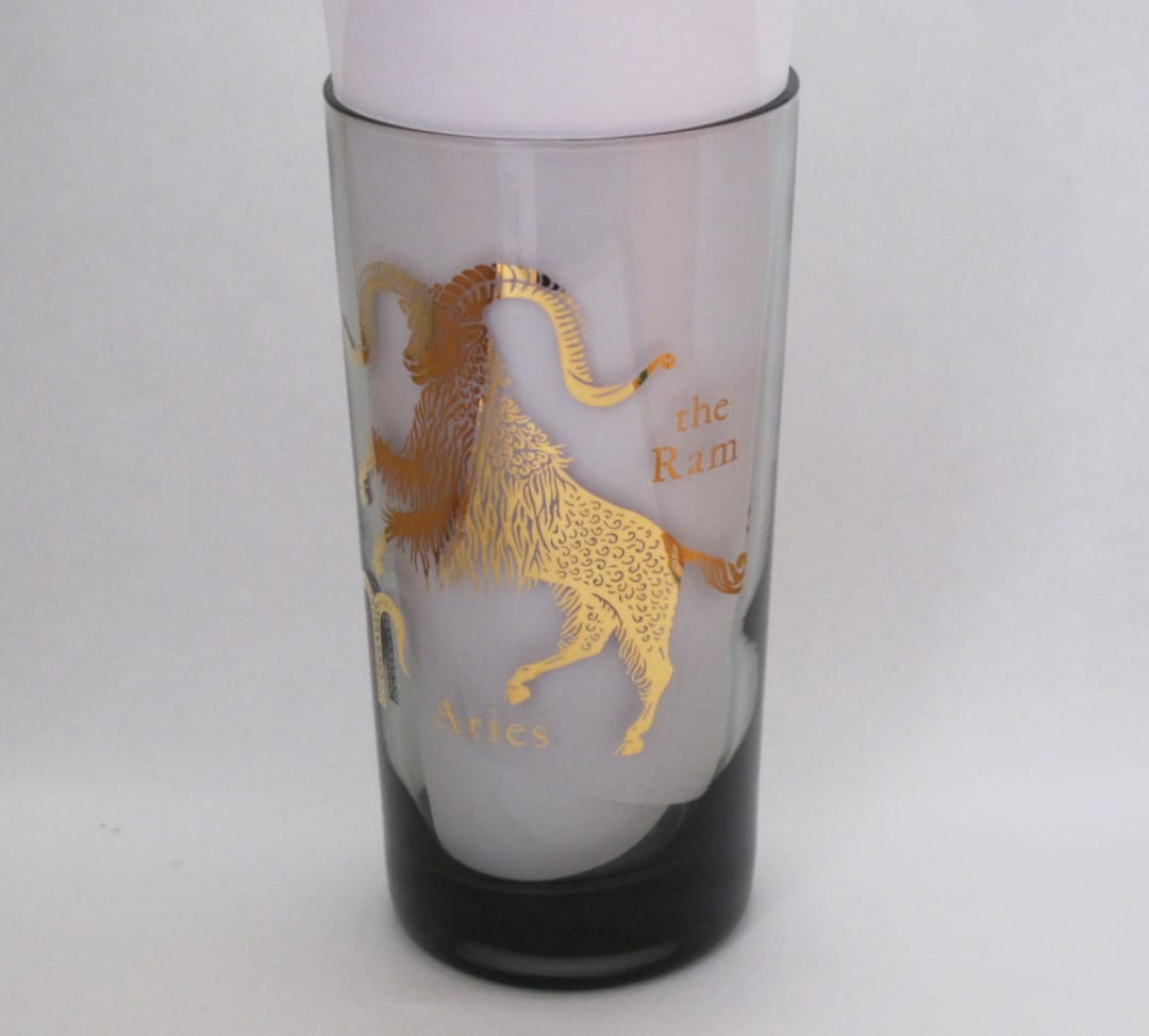 Vintage 1980s Aries the Ram Zodiac Drinking Glass Tumbler Cooler 22kt