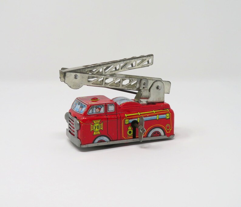 Vintage 1960s Mechanical Wind Up Tin Yone Japan Self Extending Ladder Fire Engine Emergency Truck Metal Toy Collectible Fun