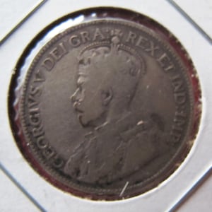 Antique 1918 King George V 25 Cent Coin Canada Great Gift for Coin Collectors and Numismatists Circulated Money Silver Coin