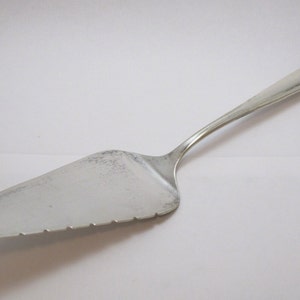 May include: A silver cake server with a serrated edge. The server has a long, thin handle and a wide, flat blade.