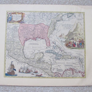 May include: An antique map of North and South America, printed in black, brown, red, and green ink on cream paper. The map shows the territories of New Spain, New France, and the British colonies. The map is titled "Nova Hispania, Nova Francia, et America Septentrionalis."