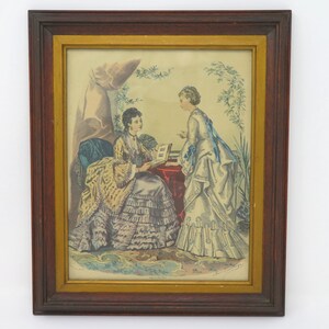Antique Vintage 1930s to 1950s La Mode Illustree Hand Colored Engraving - Signed Anars Tordouze - Wood Frame - Fashion of the 1800s - Wow!!