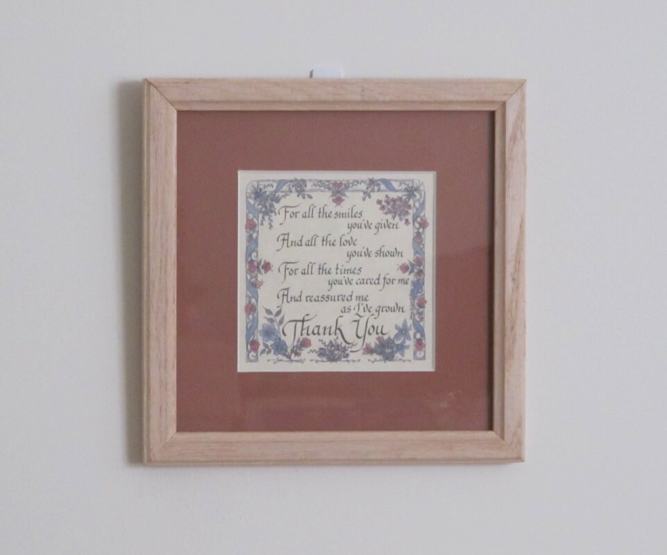 Vintage 1990s Creative Calligraphy Thank You Framed and Matted Print Cozy Cottage and Family Wall Decor - Great Housewarming Gift