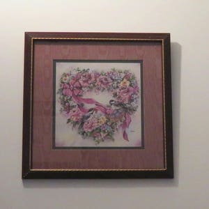 Vintage 1990s Leisha Flower Heart Wreath with Ribbons and Chickadees Framed Lithograph Print Framed and Matted Home Interiors Homco
