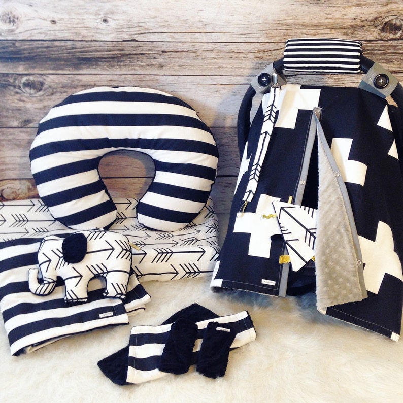 black minky dot baby set Black stripe boppy cover and changing pad cover set