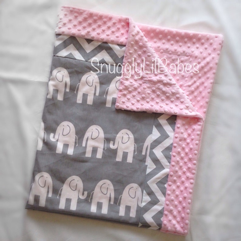baby pink minky dot Baby pink elephant blanket grey chevron and elephant