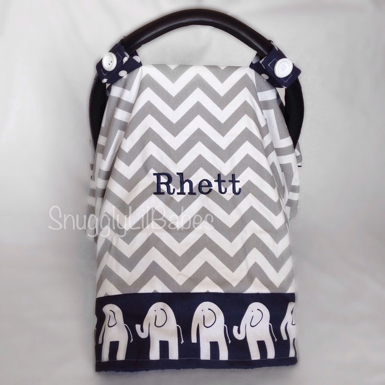 Grey Chevron Navy Elephant Car Seat Canopy Minky Dot Personalized Cover