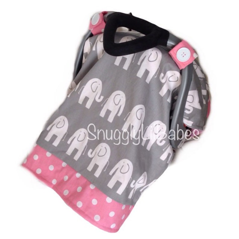 Grey Elephant Pink Polka Dot Car Seat Canopy Minky Cover