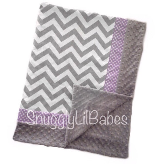 Grey chevron lavender blanket with mini dot trim and grey